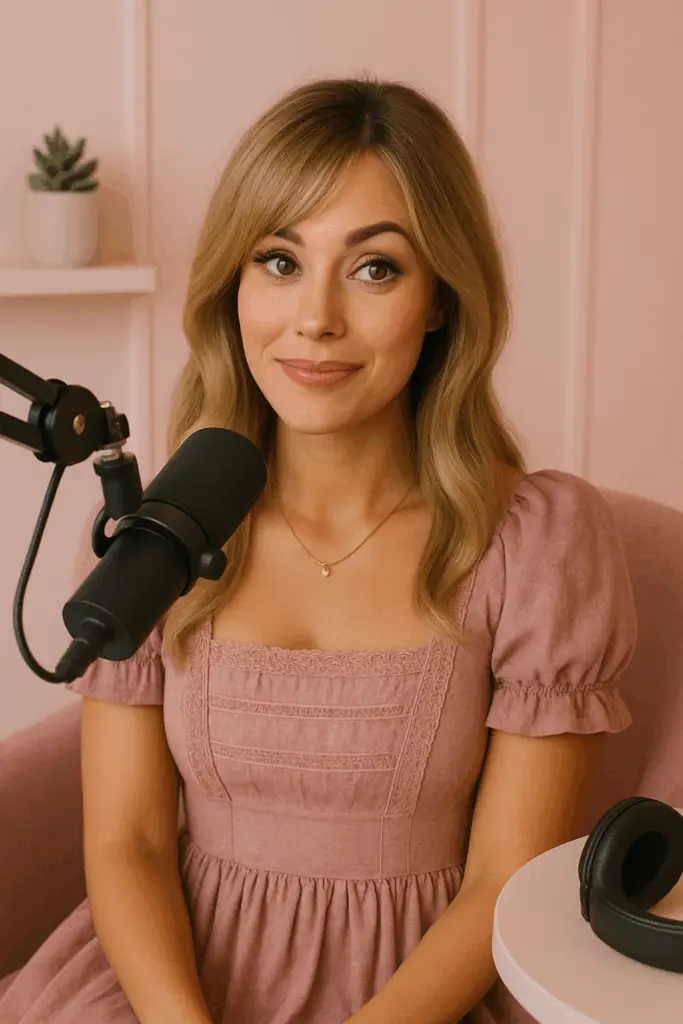 Beautiful young Ash blonde woman in pink dress in pink room podcasting