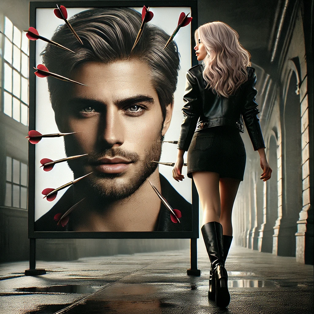 Blonde woman walking away from poster of ex boyfriend hit with darts