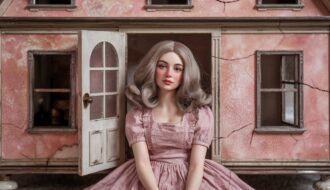 Animated generated beautiful gray Grey haired Barbie toy in rosy mauve outfit in front of old worn house with broken windows and cracks in walls