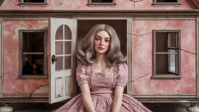 Animated generated beautiful gray Grey haired Barbie toy in rosy mauve outfit in front of old worn house with broken windows and cracks in walls