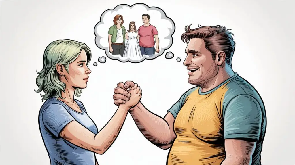 Blonde woman marriage pact to chubby man shakes hands