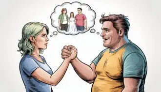 Beautiful pretty cartoon animated young lady with highlighted hair shaking hands with fat overweight chubby hairy guy with brown hair and scruffy face imagining marriage to woman he is in love with