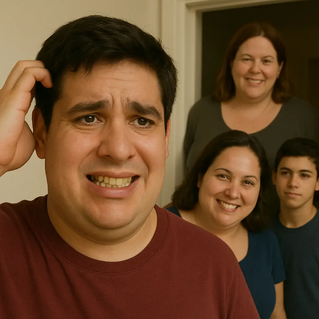 Mexican man scratching head looking nervous with fat women and boy in background