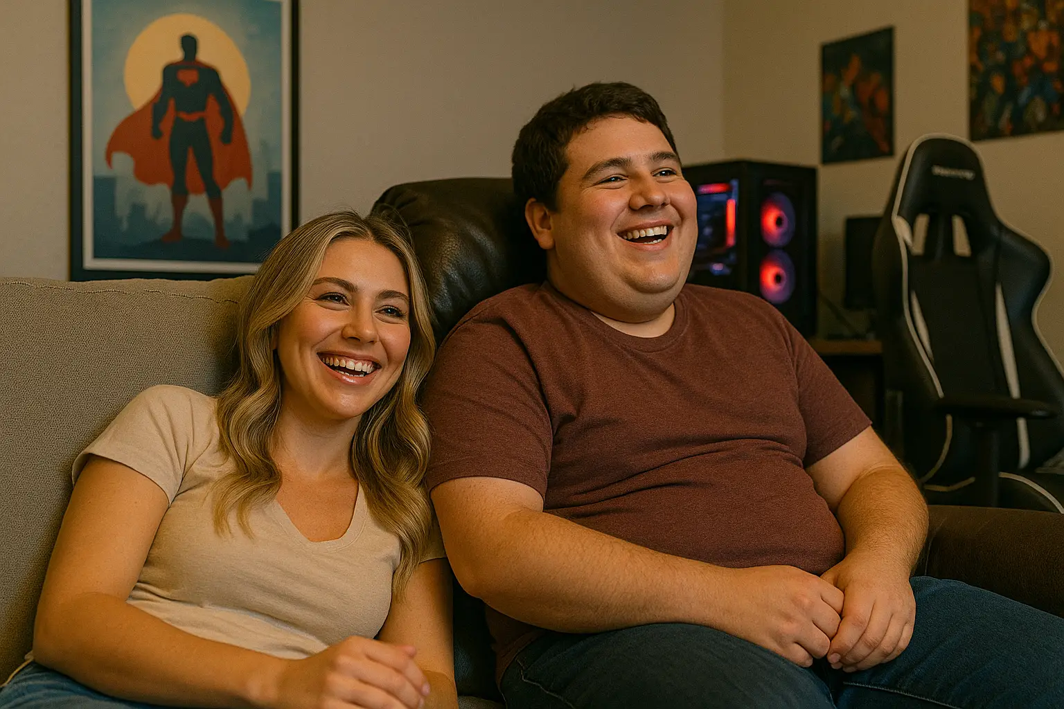 Guy and girl sitting together watching tv