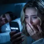 Pretty blonde girl wife girlfriend looks through husband's texts in android cell phone for cheating looking terrified reading breaking news