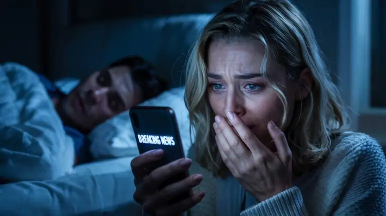 Pretty blonde girl wife girlfriend looks through husband's texts in android cell phone for cheating looking terrified reading breaking news