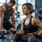 Fit pretty tan in shape lady staring sexually fantasizing about hot strong tough guy exercising lifting weight