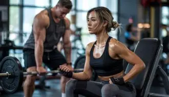 Fit pretty tan in shape lady staring sexually fantasizing about hot strong tough guy exercising lifting weight