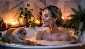 Dim dark elegant bathroom with young pretty lady with highlights in round tub with pet fur baby white Himalayan kitty and sensual candles and bubbles and house plants